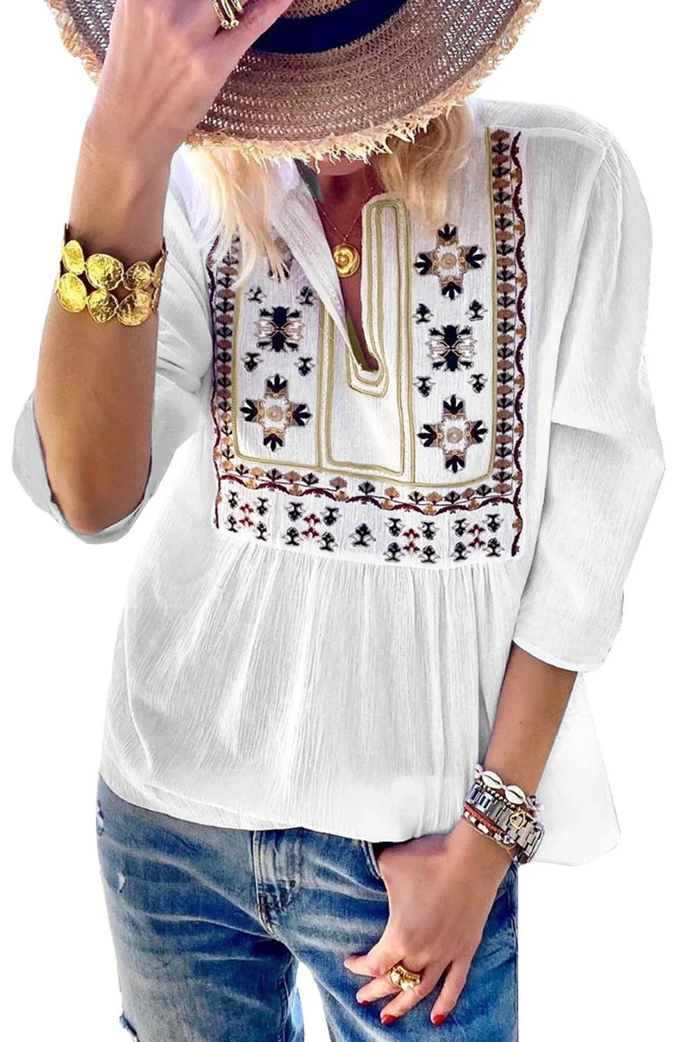 Gestickte Plissee-Bluse mit 3/4-Ärmeln – Elegant & Vielseitig | tif-shop24.de