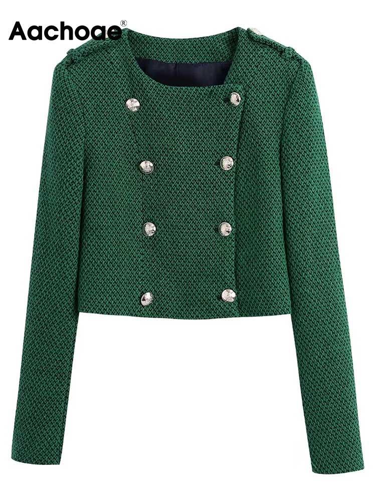 Aachoae Frauen Grün Farbe Tweed Jacke Casual O Neck Long Sleeve Gestellte Mode Chic Oberbekleidung Tops | tif-shop24.de