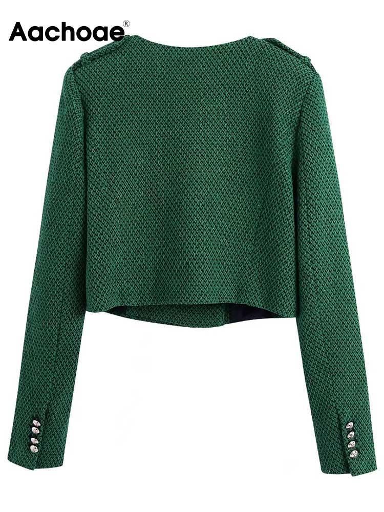 Aachoae Frauen Grün Farbe Tweed Jacke Casual O Neck Long Sleeve Gestellte Mode Chic Oberbekleidung Tops | tif-shop24.de