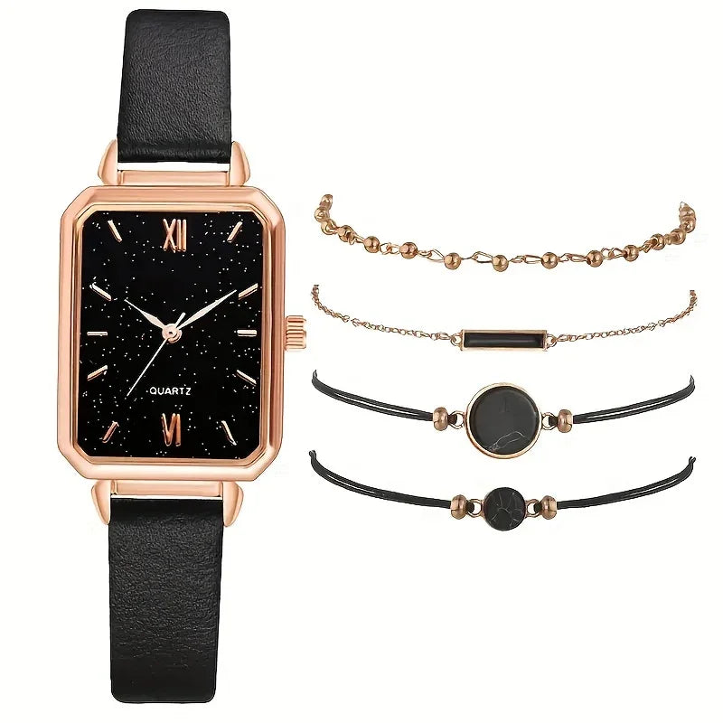 5er Vintage Rechteck-Quarzuhr-Set mit PU-Lederarmbändern – Geschenk für Damen | tif-shop24.de