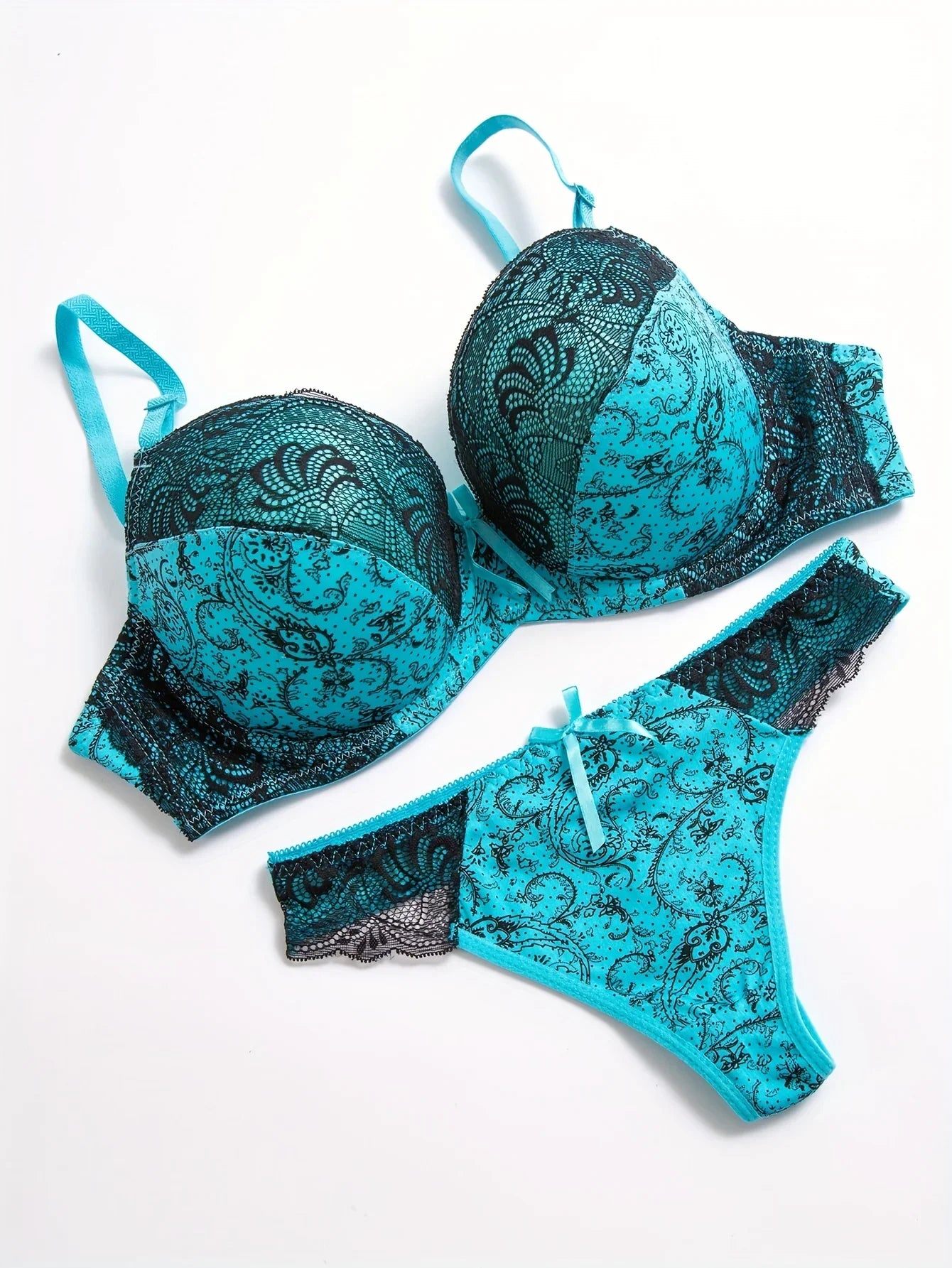 Kontrast-Spitzen-BH Und Höschen, Push-up-BH Mit Fliege Und Elastischem Tanga, Dessous-Set | tif-shop24.de