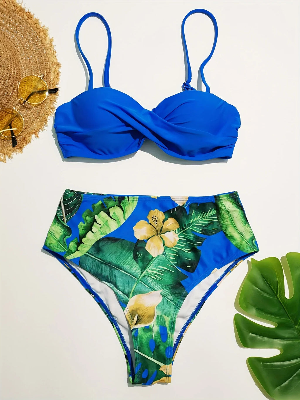 Twisted Centre Core Ruched Fabrics Underwire Push Up Tie Back Bra Top, Floral & Plant Leaf Print High Waist Tummy Control Two Piece Bikini Swimsuit - tif-shop24.de