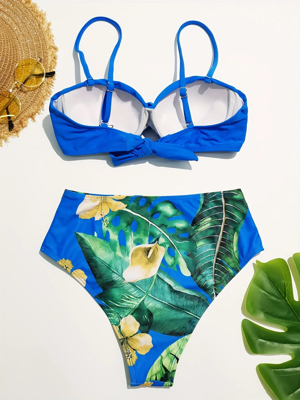Twisted Centre Core Ruched Fabrics Underwire Push Up Tie Back Bra Top, Floral & Plant Leaf Print High Waist Tummy Control Two Piece Bikini Swimsuit - tif-shop24.de
