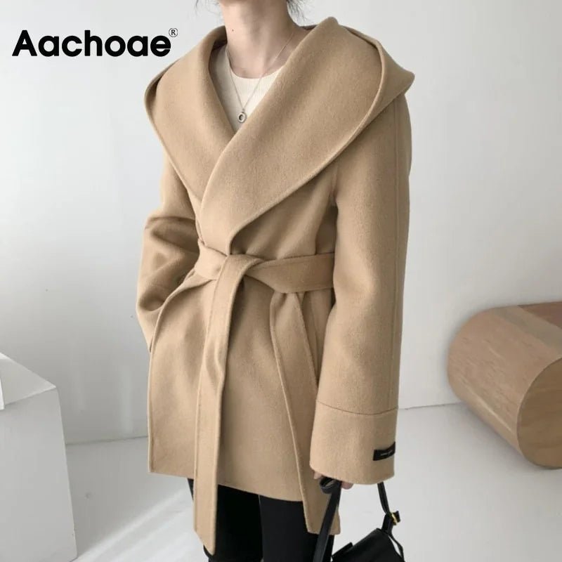 Aachoae Frauen Einfarbige Wollmäntel mit Gürtel Langarm Hoodie Taschen Mäntel Chic Elegante Oberbekleidung | tif-shop24.de