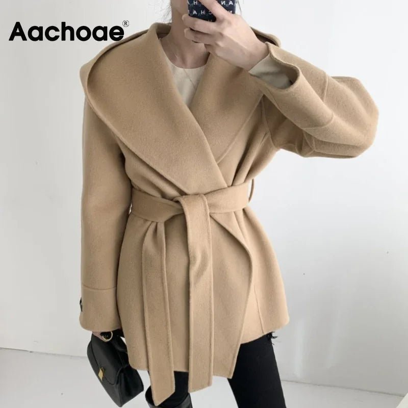 Aachoae Frauen Einfarbige Wollmäntel mit Gürtel Langarm Hoodie Taschen Mäntel Chic Elegante Oberbekleidung - tif-shop24.de