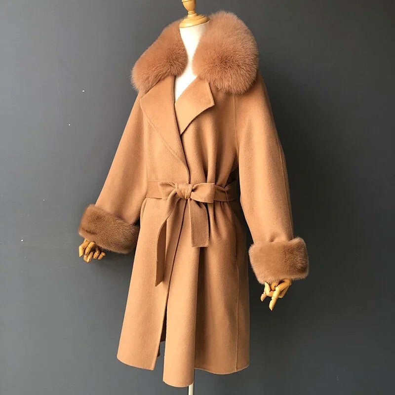 Winter Kaschmir Wolle Lange Spitze Up Mäntel mit Echt Fox Pelz Kragen Natürliche Nerz Manschetten Oberbekleidung plus Größe | tif-shop24.de