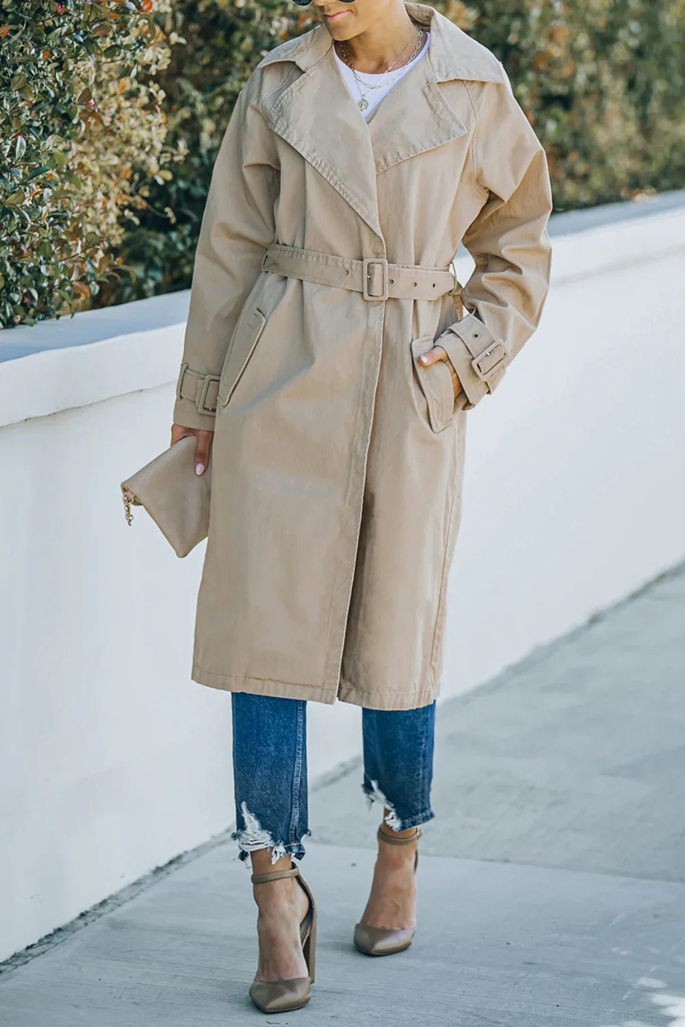 Khaki Runway Style Belted Long Trench Coat | tif-shop24.de