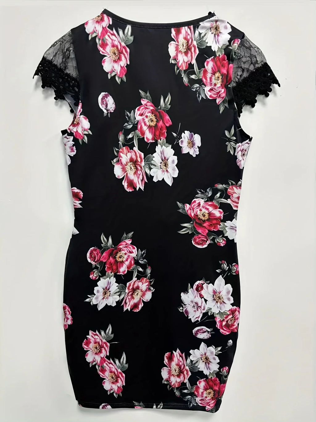 Floral Print Contrast Lace Dress, Kurzarm Elegant Bodycon Kleid - tif-shop24.de