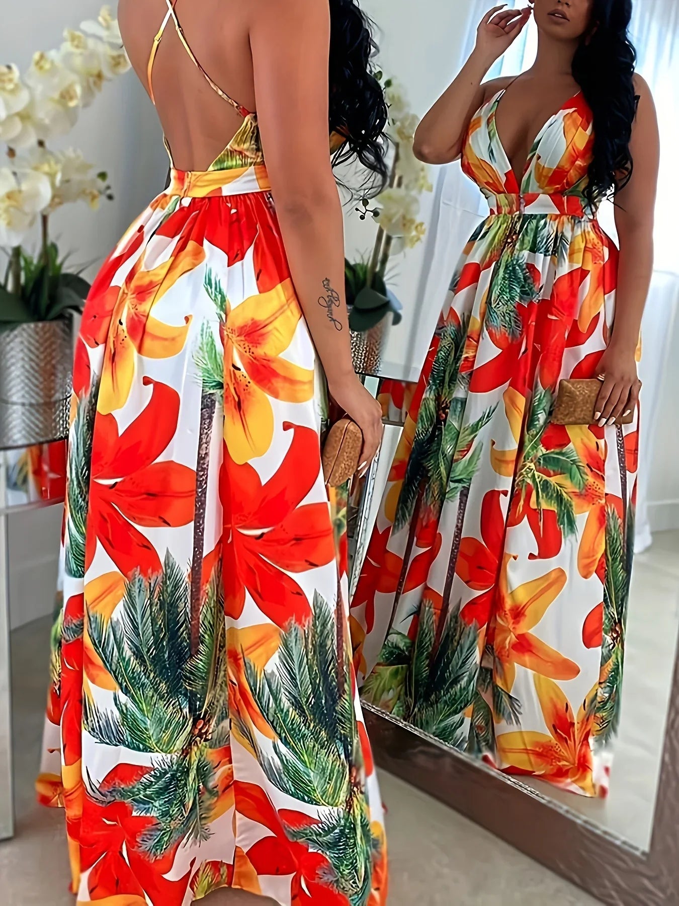 Spaghetti-Kleid mit Blumendruck, Sexy V-Ausschnitt, Rückenfreies Cami-Kleid - tif-shop24.de