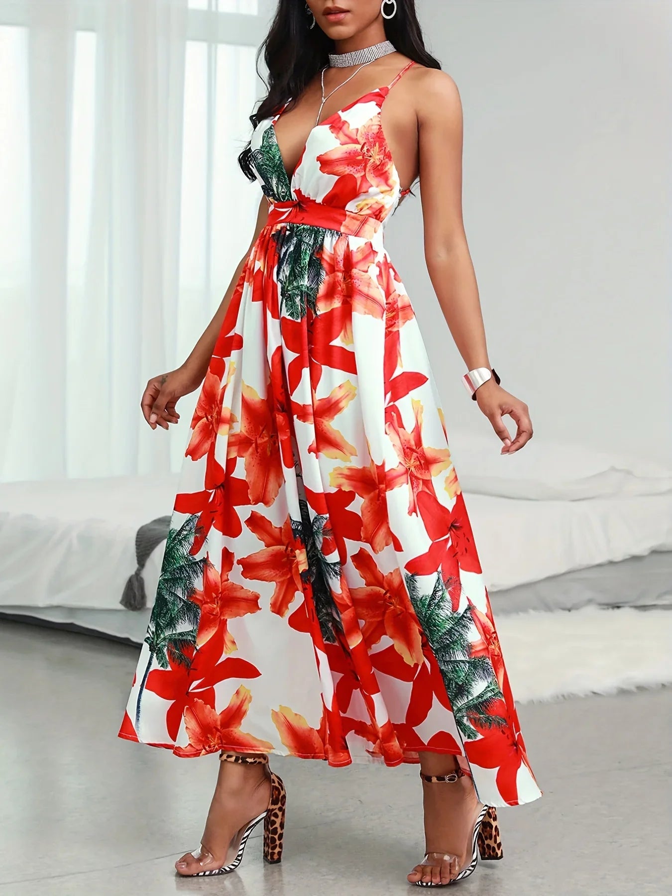 Spaghetti-Kleid mit Blumendruck, Sexy V-Ausschnitt, Rückenfreies Cami-Kleid - tif-shop24.de