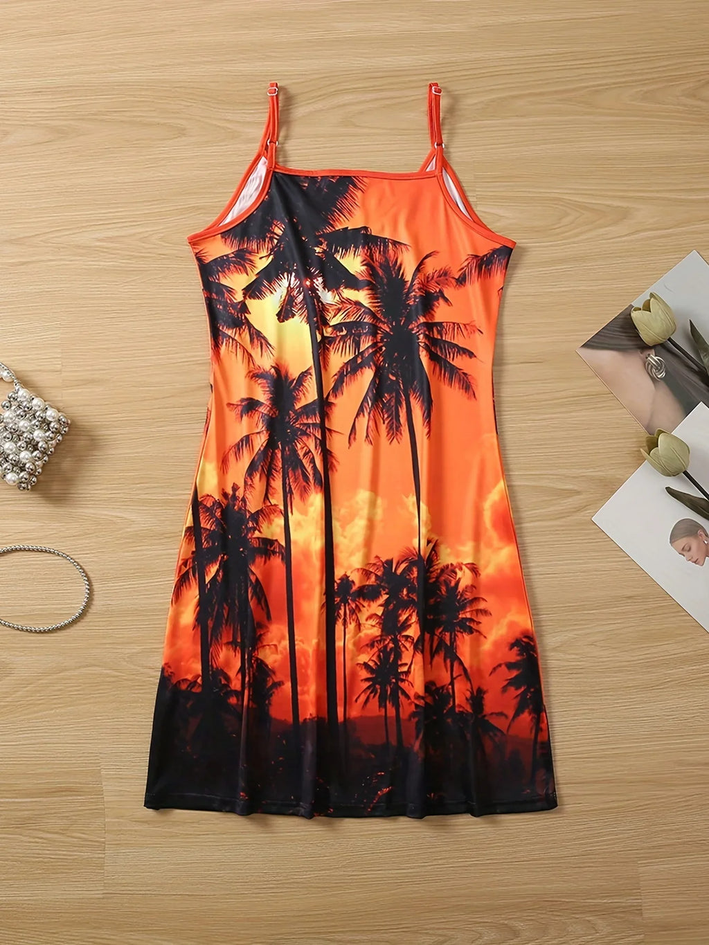 Coconut Tree Print Cami Kleid, Urlaub Ärmelloses Bequemes Kleid - tif-shop24.de