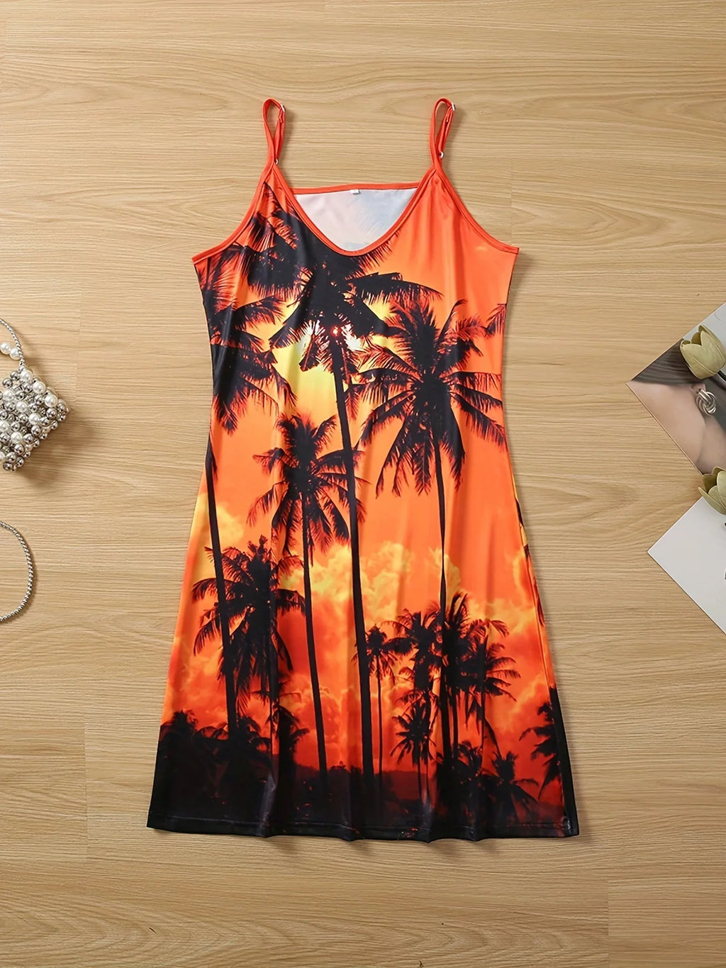 Coconut Tree Print Cami Kleid, Urlaub Ärmelloses Bequemes Kleid - tif-shop24.de
