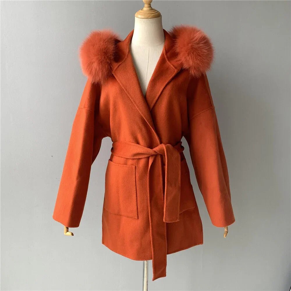 New Oversize Lose Kaschmir Wolle Mantel mit Echt Fox Pelz Kragen Winter  Kapuze Oberbekleidung Gürtel | tif-shop24.de