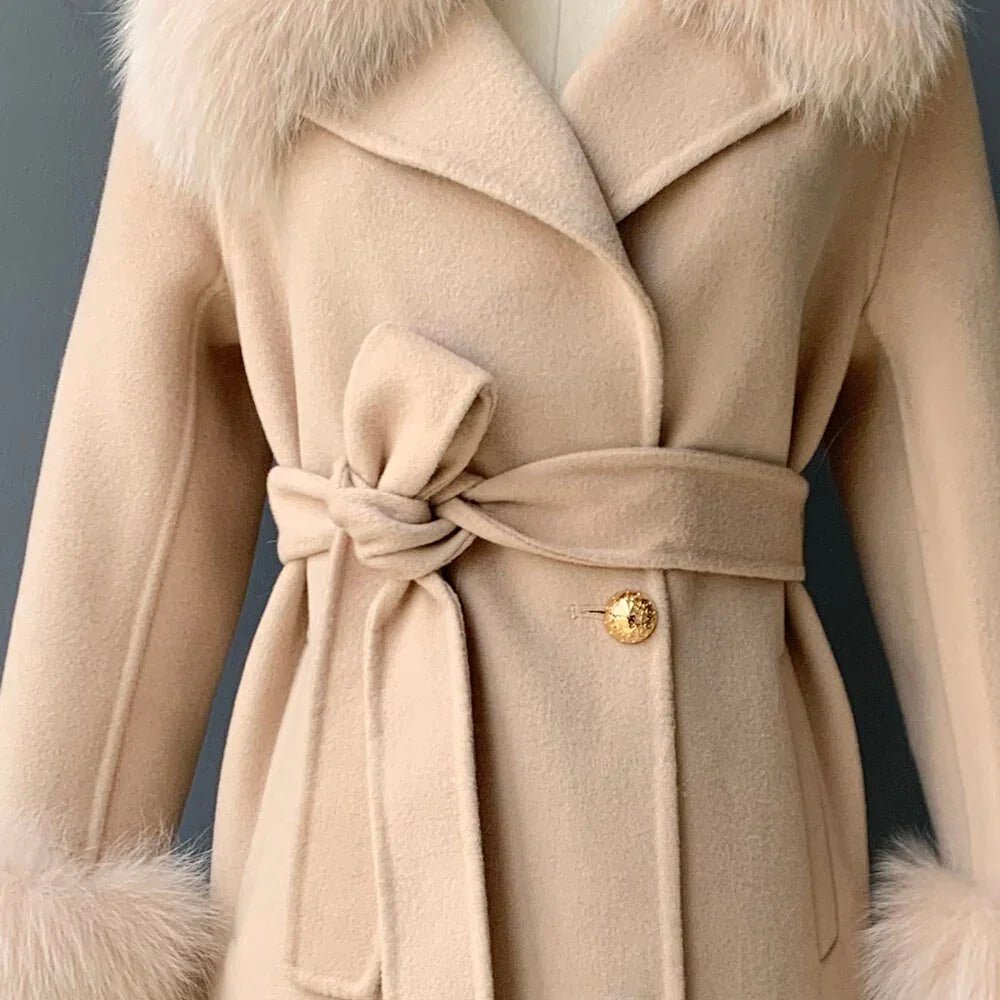 New Oversize Lose Kaschmir Wolle Mantel mit Echt Fox Pelz Kragen Winter Kapuze Oberbekleidung Gürtel - tif-shop24.de