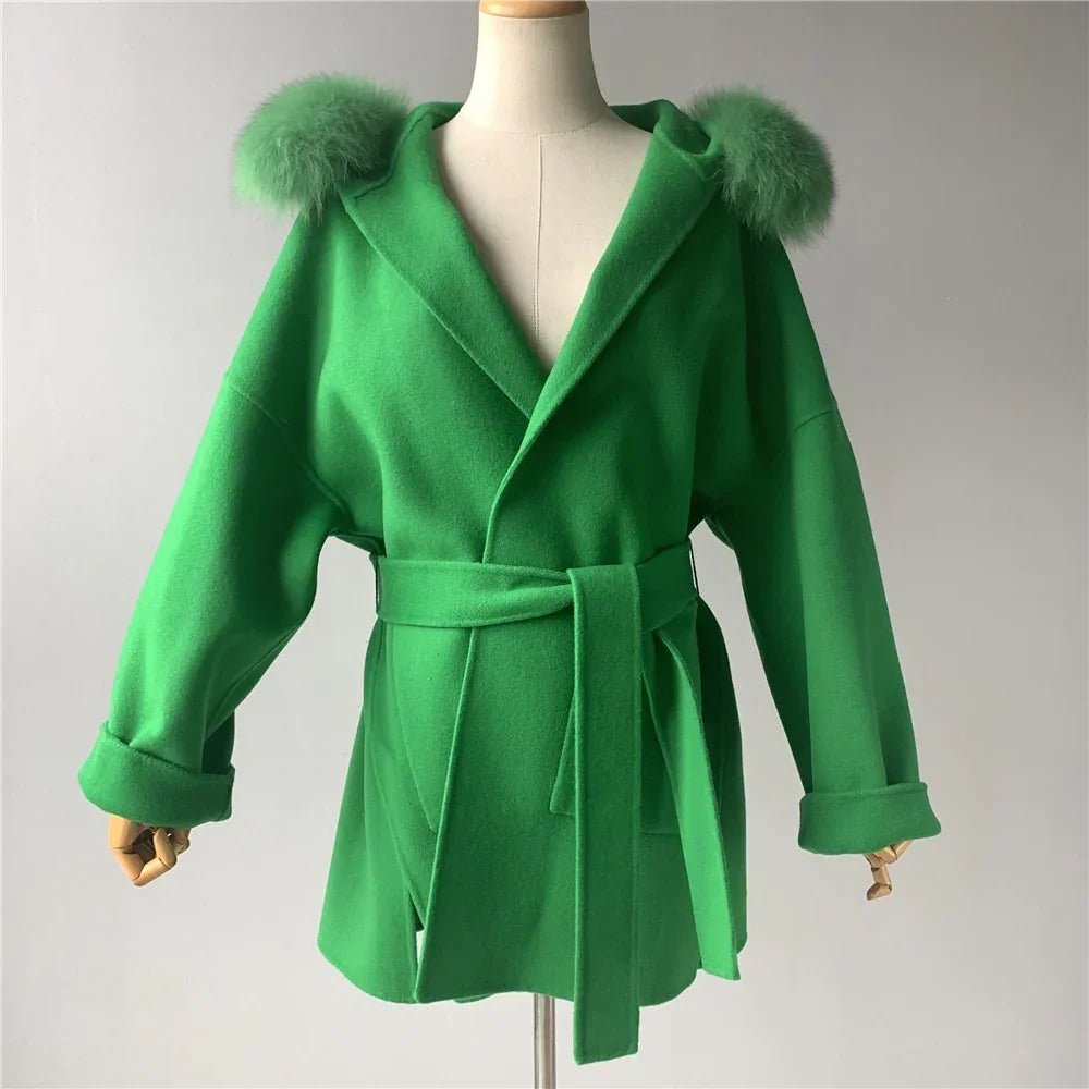 New Oversize Lose Kaschmir Wolle Mantel mit Echt Fox Pelz Kragen Winter Kapuze Oberbekleidung Gürtel - tif-shop24.de
