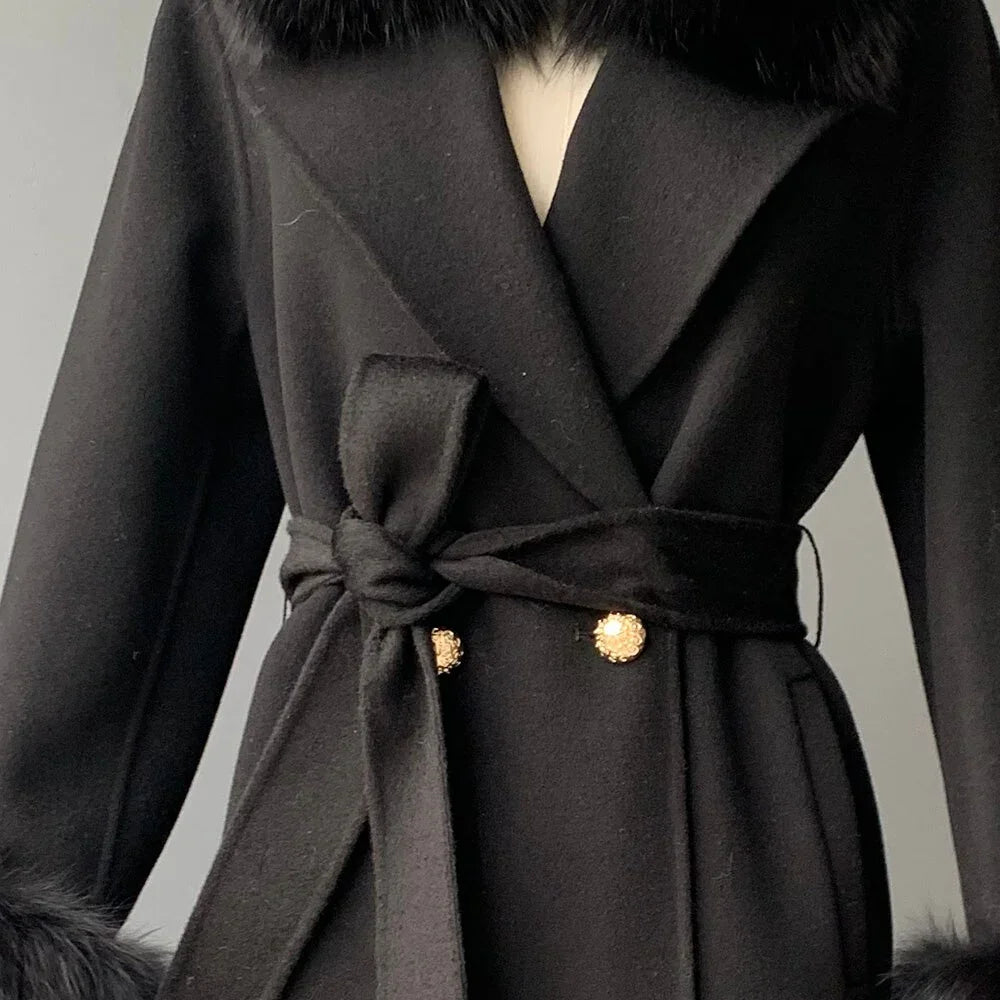 New Oversize Lose Kaschmir Wolle Mantel mit Echt Fox Pelz Kragen Winter  Kapuze Oberbekleidung Gürtel | tif-shop24.de