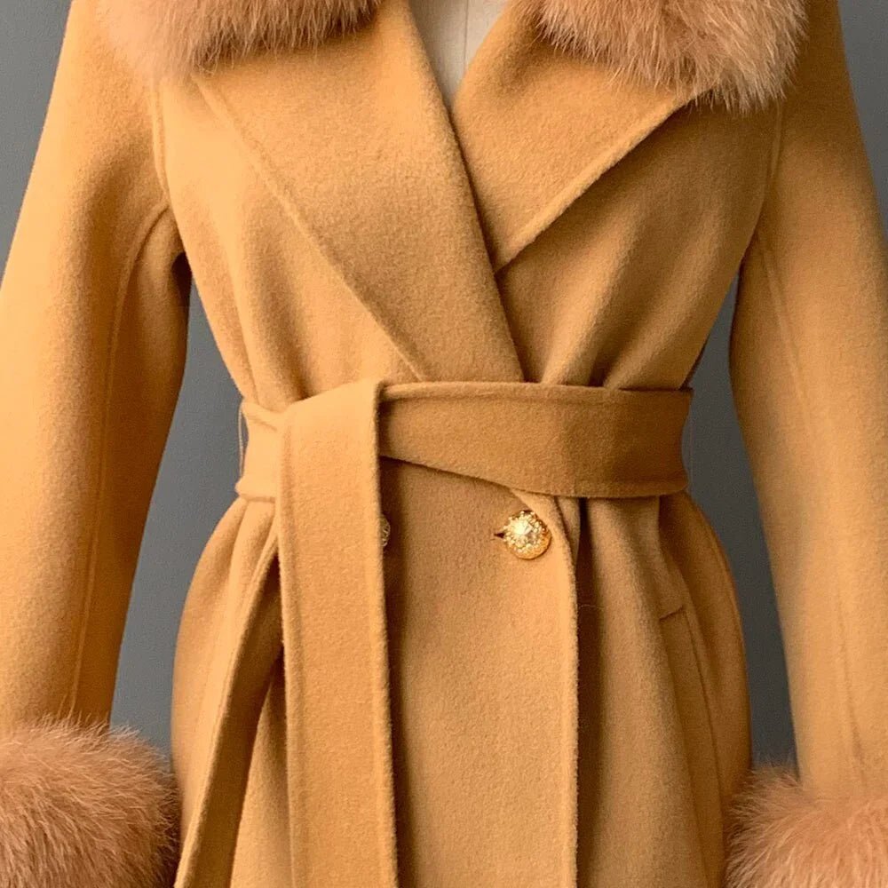 New Oversize Lose Kaschmir Wolle Mantel mit Echt Fox Pelz Kragen Winter  Kapuze Oberbekleidung Gürtel | tif-shop24.de