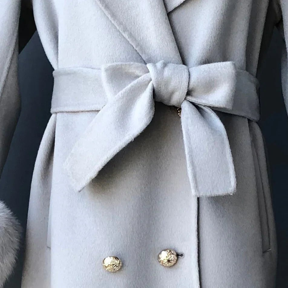 New Oversize Lose Kaschmir Wolle Mantel mit Echt Fox Pelz Kragen Winter Kapuze Oberbekleidung Gürtel - tif-shop24.de