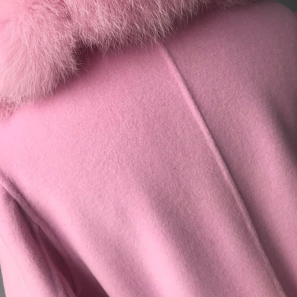 New Oversize Lose Kaschmir Wolle Mantel mit Echt Fox Pelz Kragen Winter  Kapuze Oberbekleidung Gürtel | tif-shop24.de