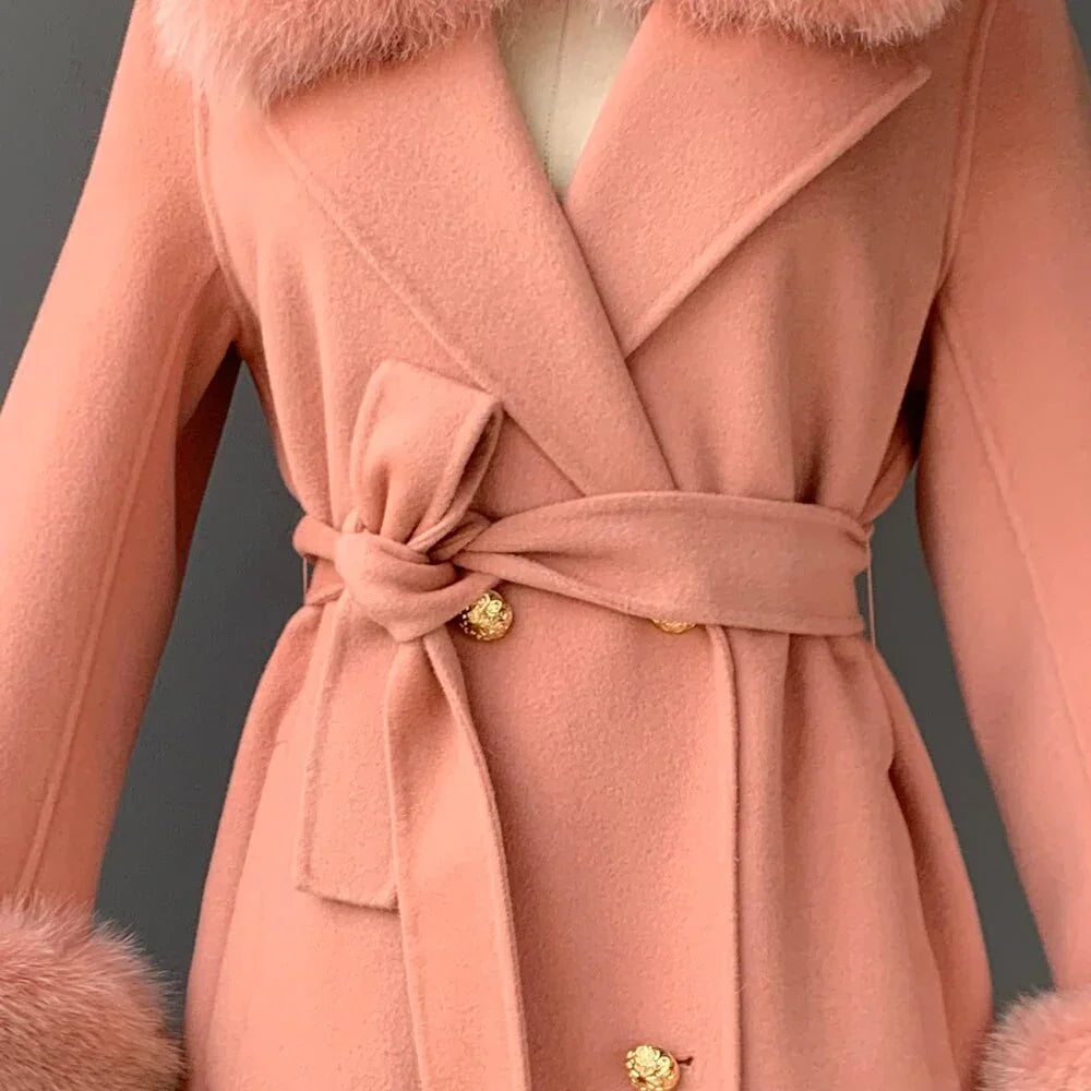 New Oversize Lose Kaschmir Wolle Mantel mit Echt Fox Pelz Kragen Winter Kapuze Oberbekleidung Gürtel - tif-shop24.de