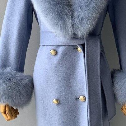 New Oversize Lose Kaschmir Wolle Mantel mit Echt Fox Pelz Kragen Winter  Kapuze Oberbekleidung Gürtel | tif-shop24.de