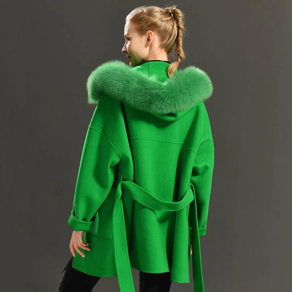 New Oversize Lose Kaschmir Wolle Mantel mit Echt Fox Pelz Kragen Winter  Kapuze Oberbekleidung Gürtel | tif-shop24.de