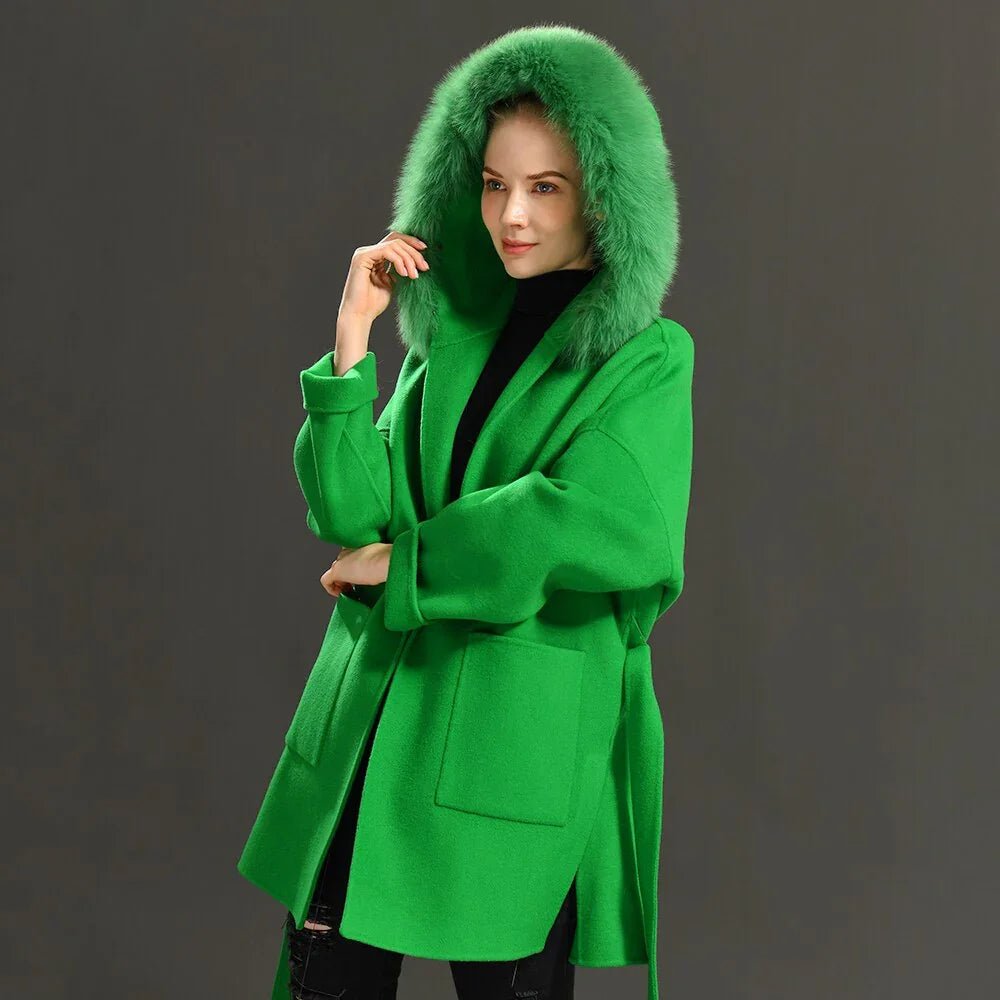 New Oversize Lose Kaschmir Wolle Mantel mit Echt Fox Pelz Kragen Winter Kapuze Oberbekleidung Gürtel - tif-shop24.de
