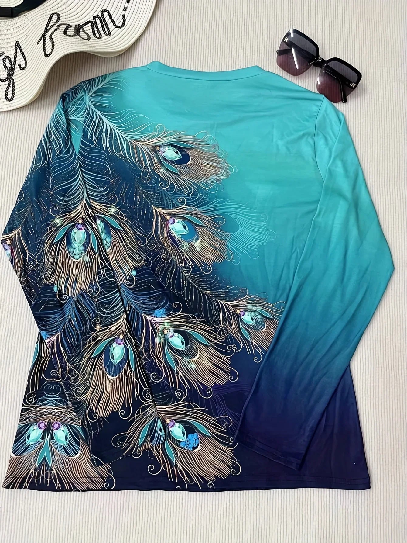 Feather Print Crew Neck T-Shirt Lässiges Langarm-T-Shirt - tif-shop24.de