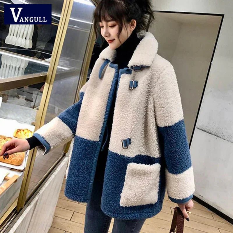 Vangull Elegante Patchwork Faux Pelz Mantel  Warme Weiche Zweireiher Pelz Jacke  Plüsch Mantel mit Tasche | tif-shop24.de
