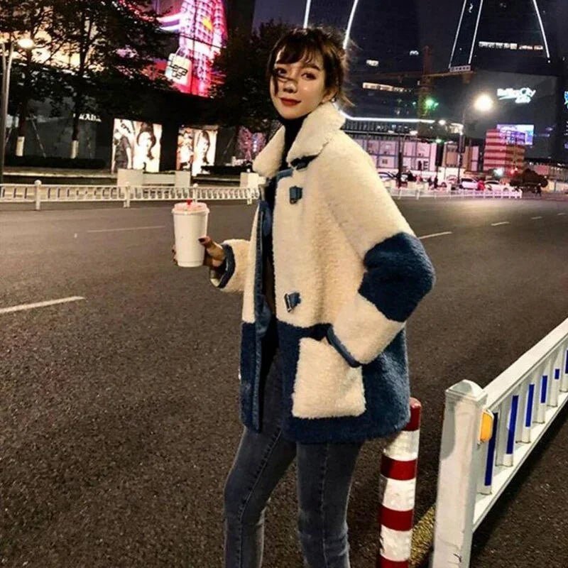 Vangull Elegante Patchwork Faux Pelz Mantel  Warme Weiche Zweireiher Pelz Jacke  Plüsch Mantel mit Tasche | tif-shop24.de