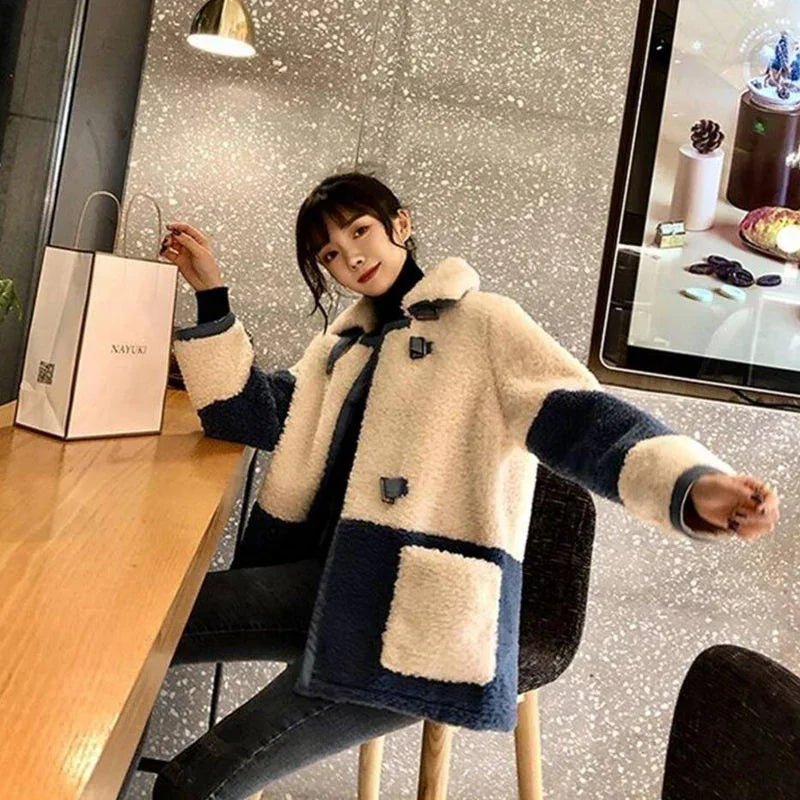 Vangull Elegante Patchwork Faux Pelz Mantel  Warme Weiche Zweireiher Pelz Jacke  Plüsch Mantel mit Tasche | tif-shop24.de