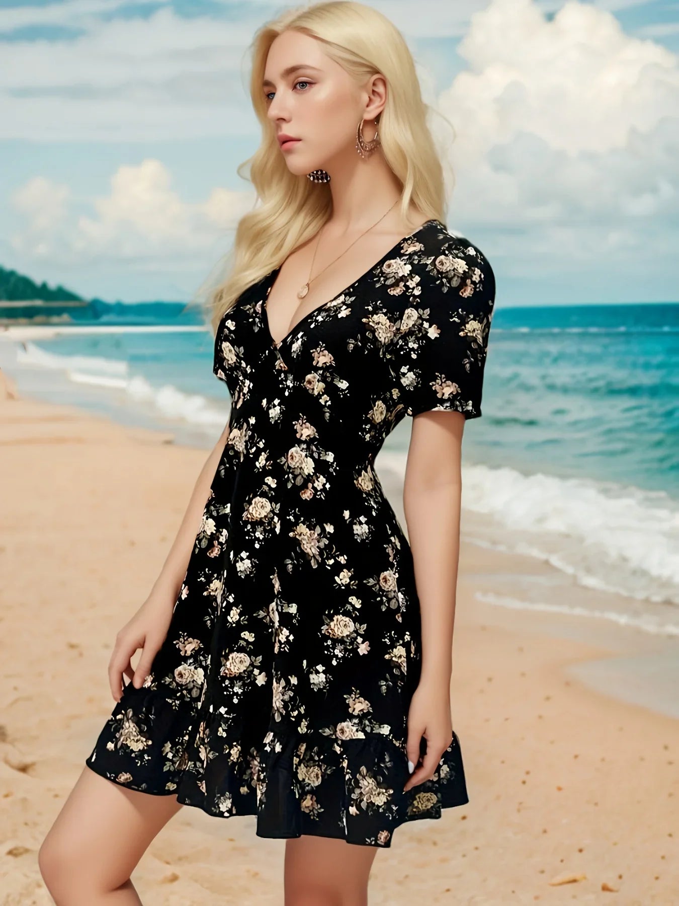 Blumendruck Und Surplice-Ausschnitt Elegantes Kurzarmkleid - tif-shop24.de