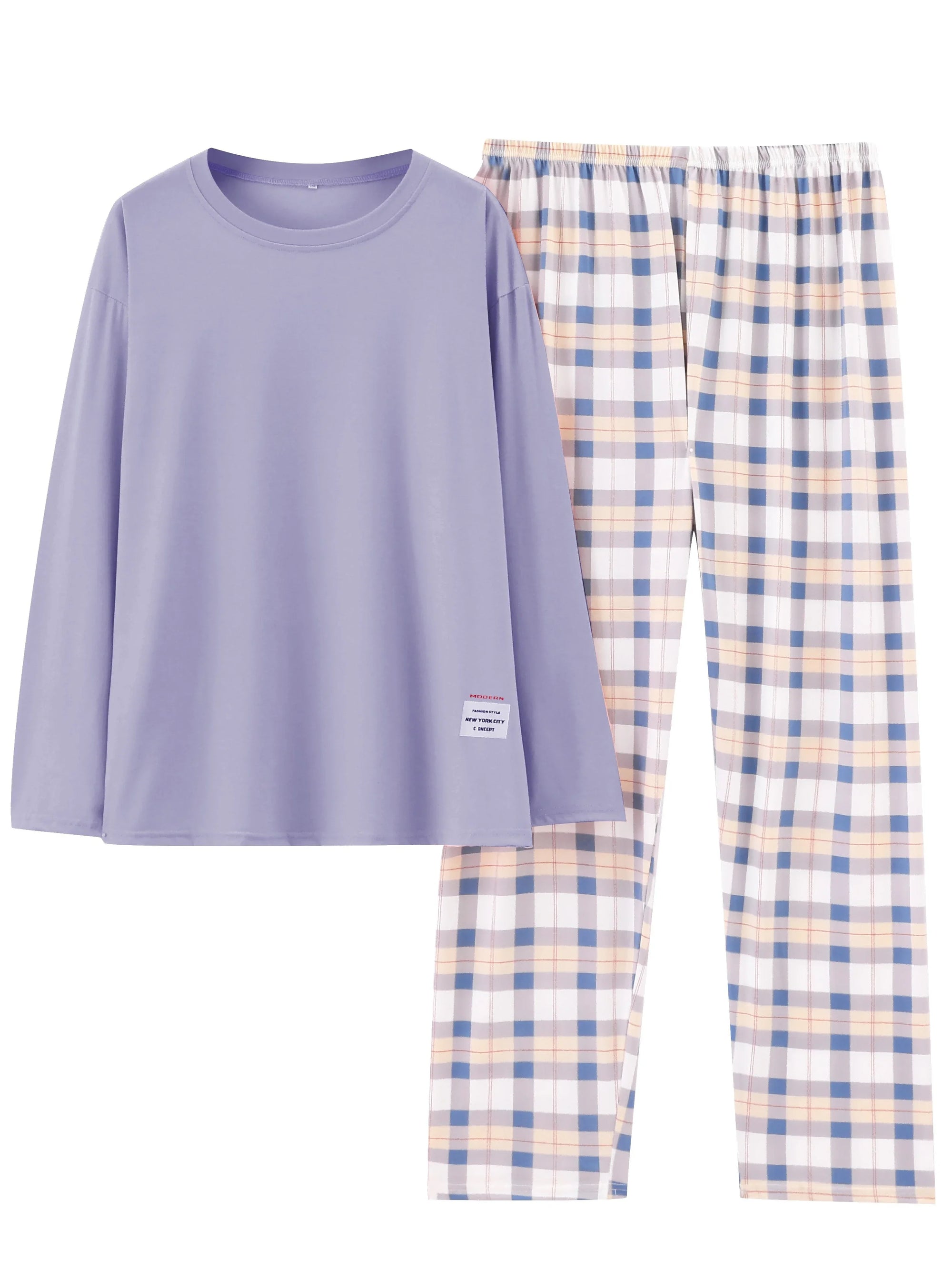 Plus Size Casual Soft Long Sleeve Tee & Plaid Pants Comfort Loungewear Pyjama | tif-shop24.de