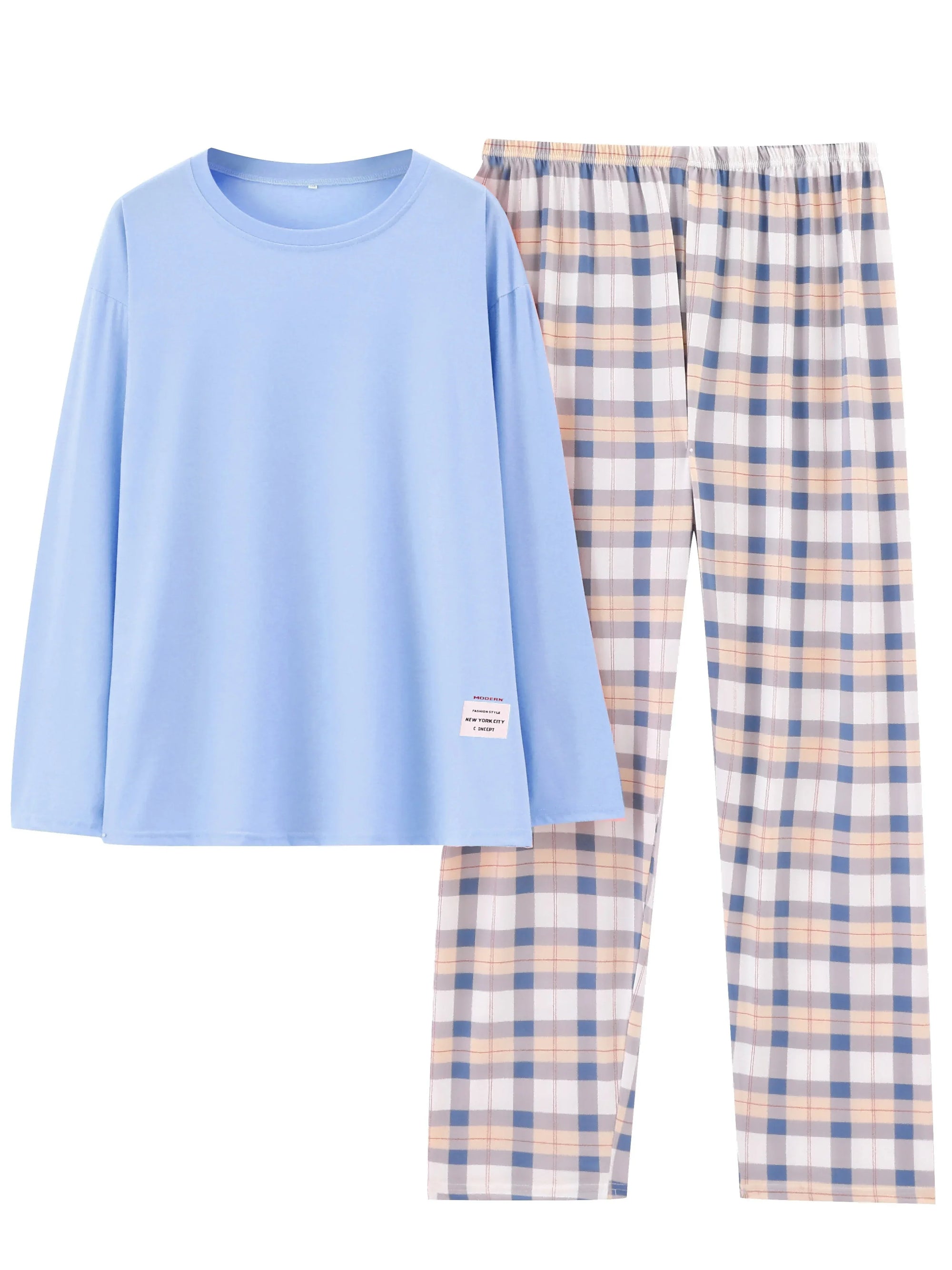 Plus Size Casual Soft Long Sleeve Tee & Plaid Pants Comfort Loungewear Pyjama | tif-shop24.de