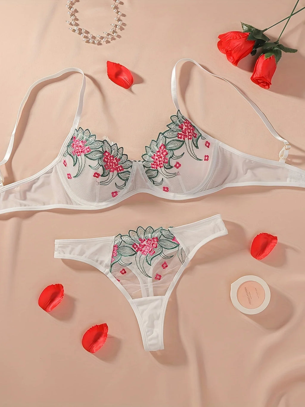 Dessous-Set Mit Floraler Spitze, Ungefütterter Netz-BH Und Tanga, Sexy Dessous Und Unterwäsche - tif-shop24.de