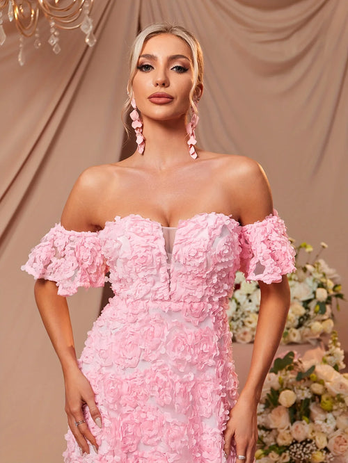 Blumenkleid Mit Herzförmigem Ausschnitt Schulterfreies Bodenlanges A-Linien Puffärmel Kleid | tif-shop24.de