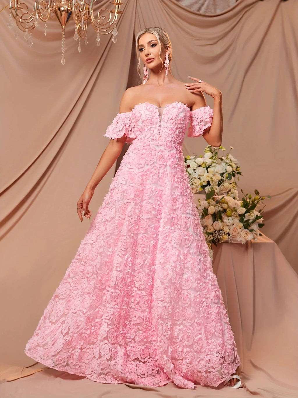 Blumenkleid Mit Herzförmigem Ausschnitt Schulterfreies Bodenlanges A-Linien Puffärmel Kleid | tif-shop24.de