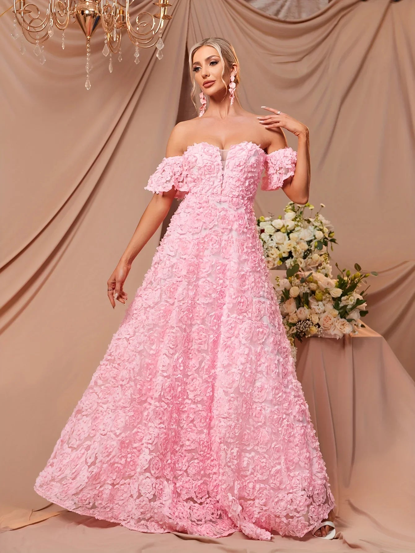 Blumenkleid Mit Herzförmigem Ausschnitt Schulterfreies Bodenlanges A-Linien Puffärmel Kleid | tif-shop24.de