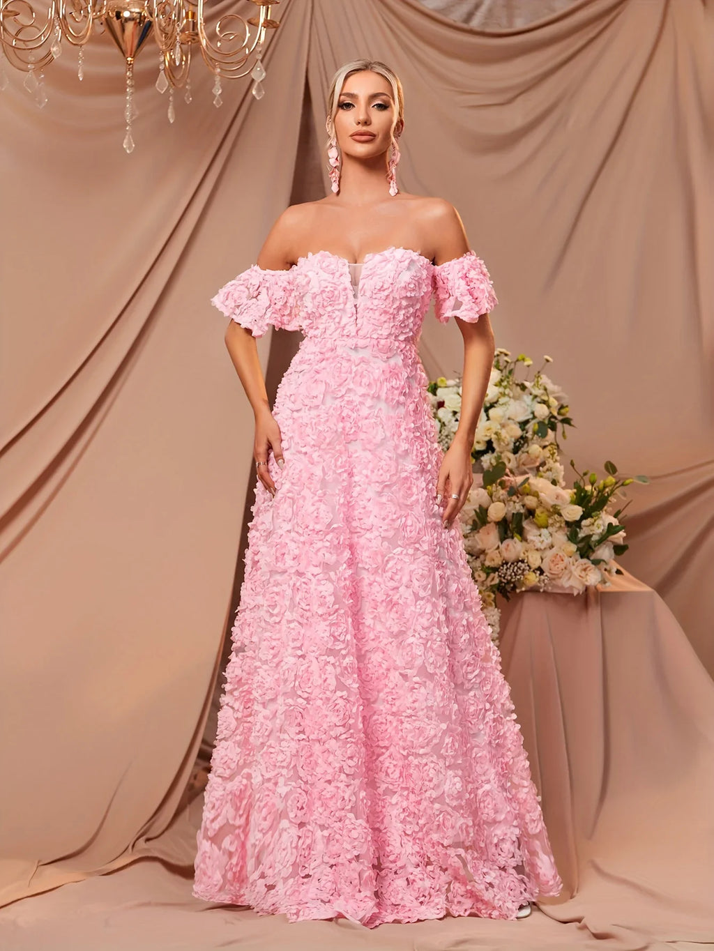 Blumenkleid Mit Herzförmigem Ausschnitt Schulterfreies Bodenlanges A-Linien Puffärmel Kleid | tif-shop24.de