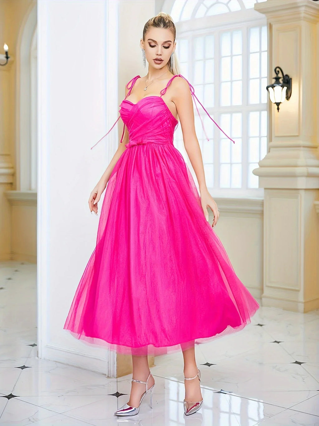 Netz-Spaghettiträger-Brautjungfernkleid Elegantes Ärmelloses Kleid Für Party & Bankett | tif-shop24.de