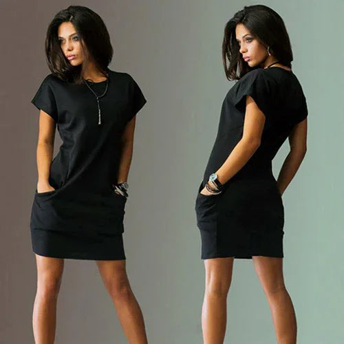 Sommer Casual Sexy Rundhals Kurzarm Solide Taschen Minikleid | tif-shop24.de