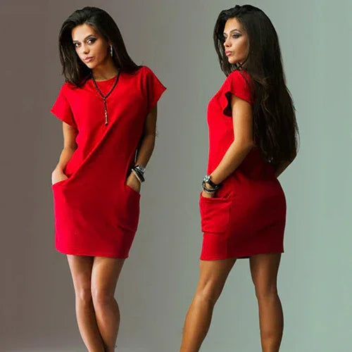 Sommer Casual Sexy Rundhals Kurzarm Solide Taschen Minikleid | tif-shop24.de