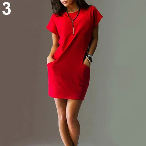 Sommer Casual Sexy Rundhals Kurzarm Solide Taschen Minikleid | tif-shop24.de