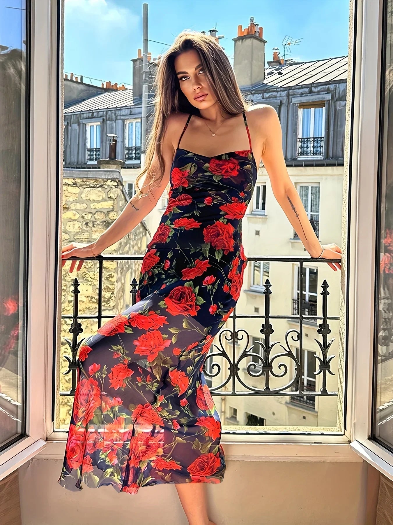 Rückenfreies Kleid Mit Blumendruck, Sexy Spaghettiträger-Midikleid - tif-shop24.de