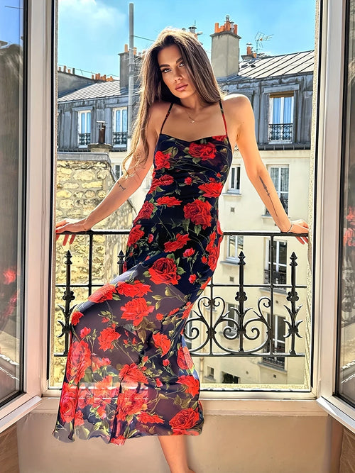 Rückenfreies Kleid Mit Blumendruck, Sexy Spaghettiträger-Midikleid - tif-shop24.de
