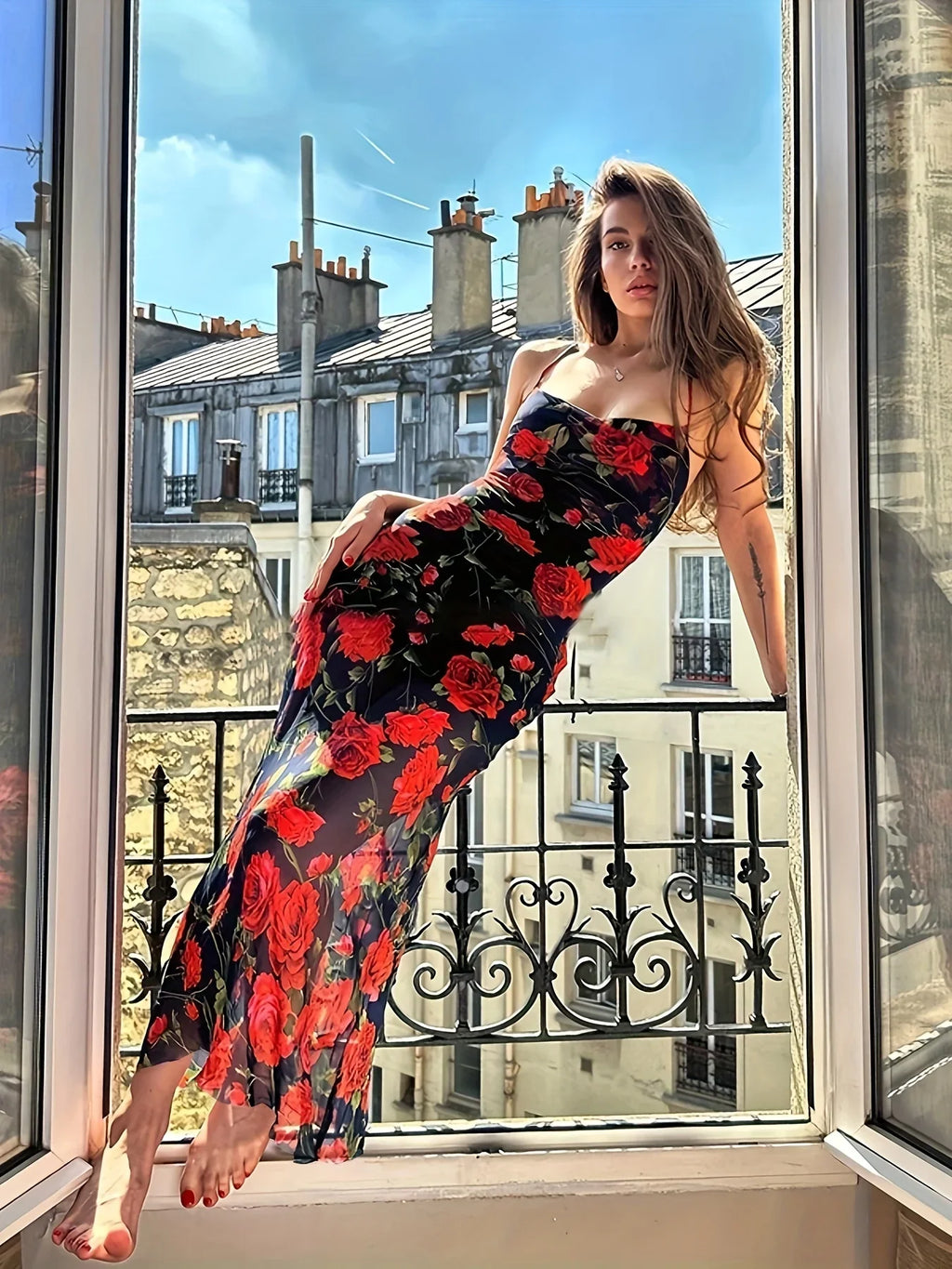 Rückenfreies Kleid Mit Blumendruck, Sexy Spaghettiträger-Midikleid - tif-shop24.de