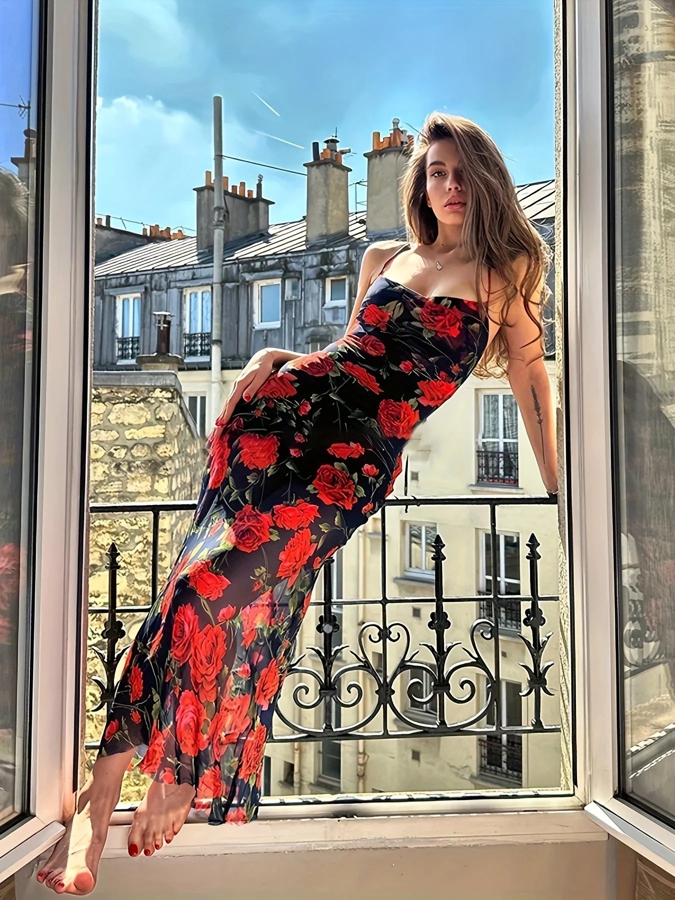 Rückenfreies Kleid Mit Blumendruck, Sexy Spaghettiträger-Midikleid - tif-shop24.de