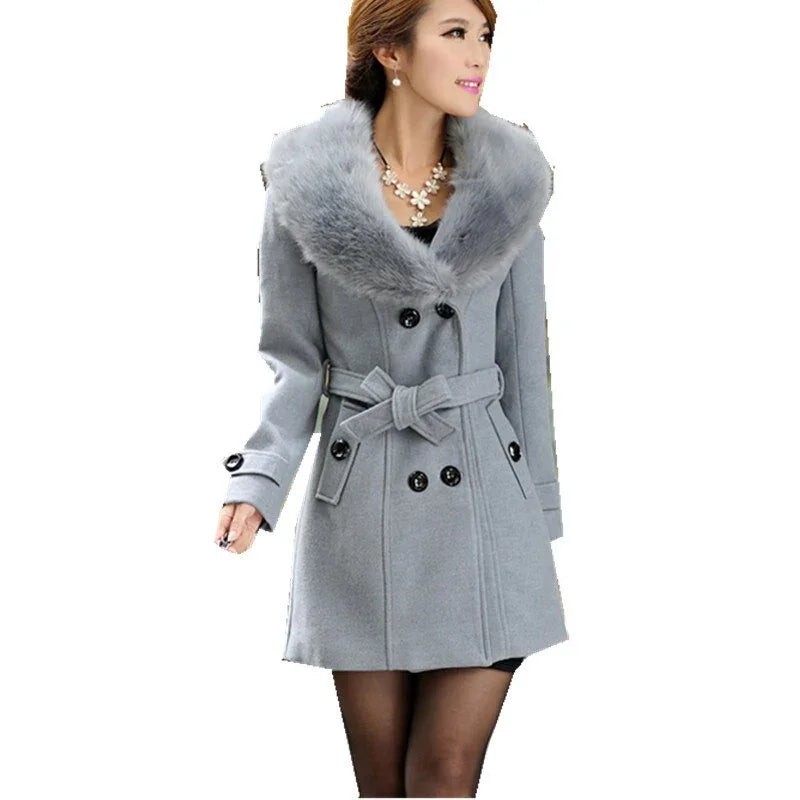 Wollmantel Damen Pelzkragen - Winter Warme Jacke Lang | tif-shop24.de