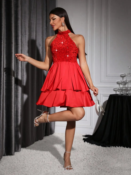 Mit Pailletten Und Rüschensaum Neckholder Elegantes Ärmelloses Kleid Für Party Und Bankett | tif-shop24.de