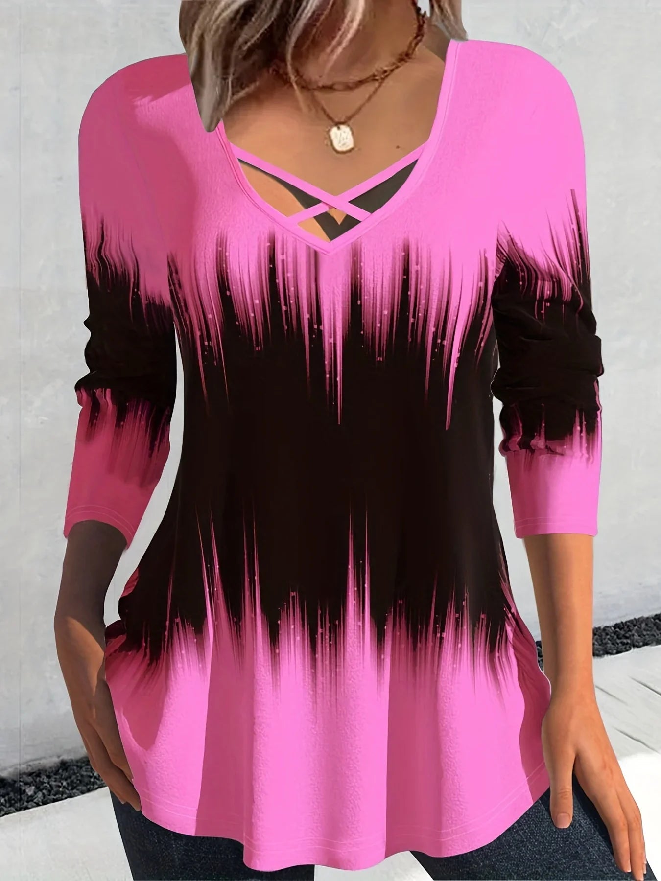 Tie Dye Print Cross Front V Neck T-Shirt Lässiges Langarm-Top | tif-shop24.de